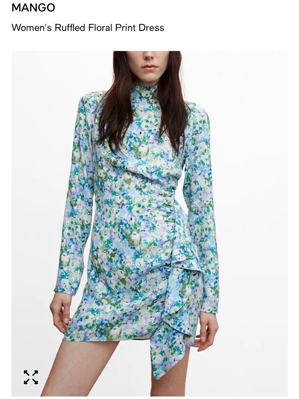Mango Floral High‑Neck Long‑Sleeve Mini Dress in Blue and Green